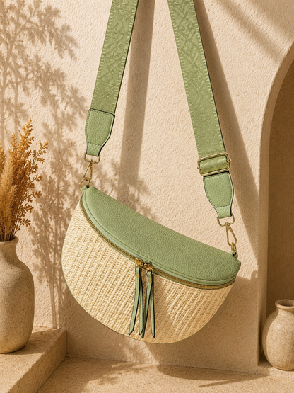 Grand sac banane femme vert effet paille Bandoulière large