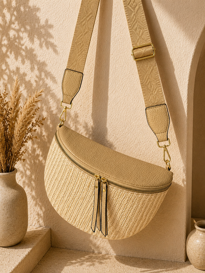 Grand sac banane femme Beige effet paille Bandoulière large