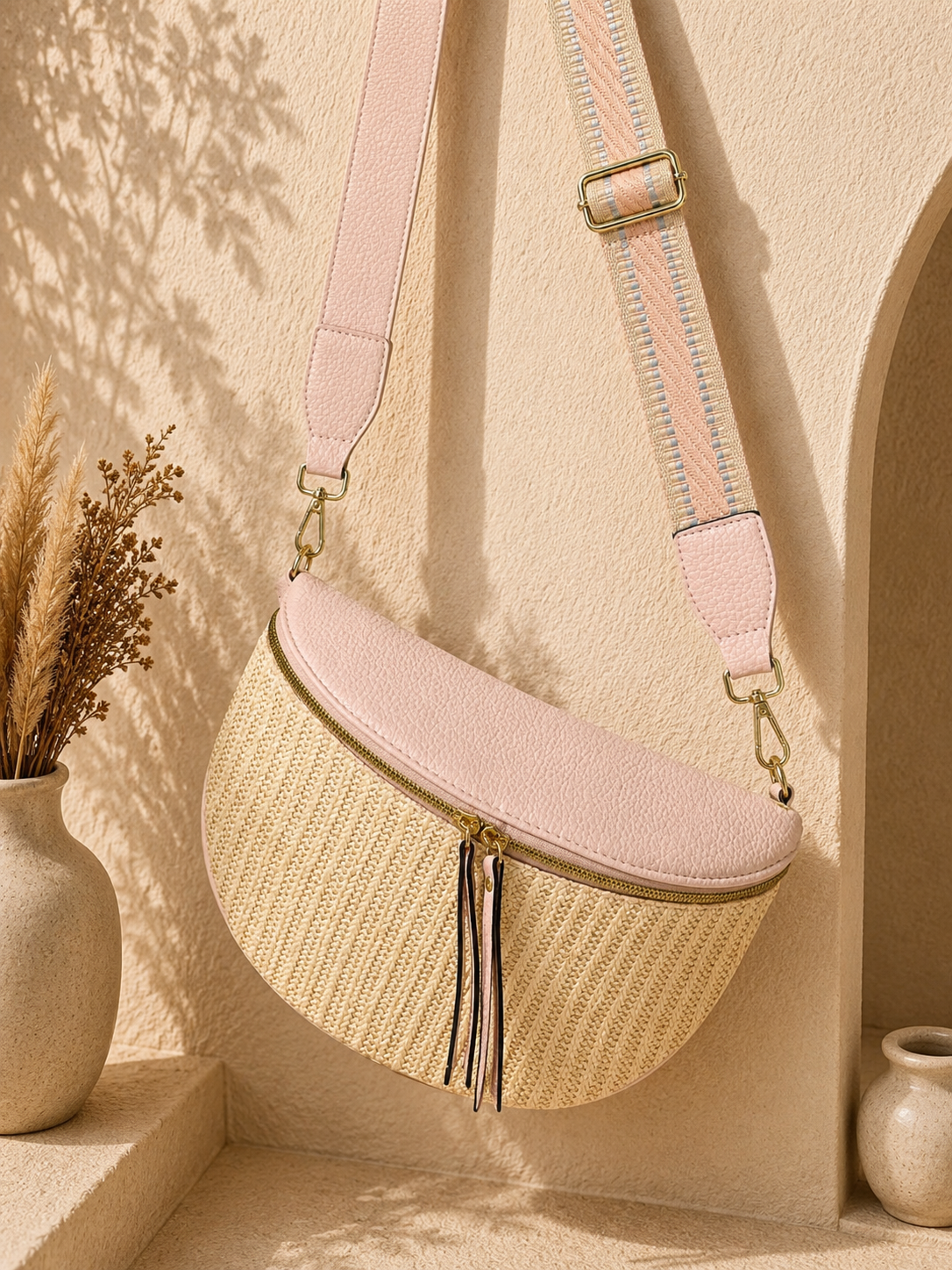 Grand sac banane femme rose effet paille Bandoulière large