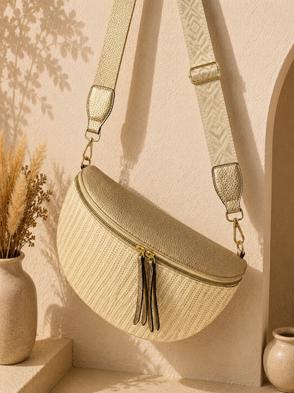 Grand sac banane femme Doré effet paille Bandoulière large