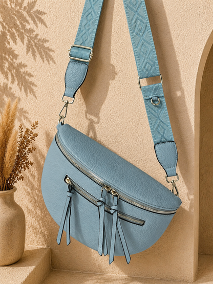 Grand sac banane femme Cuir bleu ciel Bandoulière large - Porte-monnaie inclus