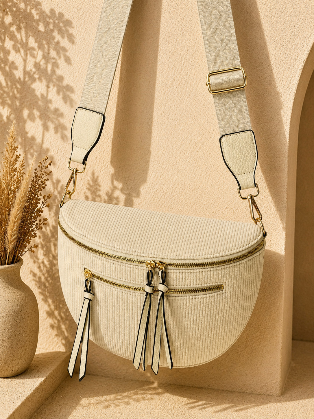 Grand sac banane femme velours côtelé crème Bandoulière large