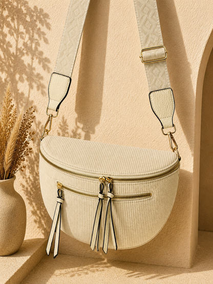 Grand sac banane femme velours côtelé crème Bandoulière large