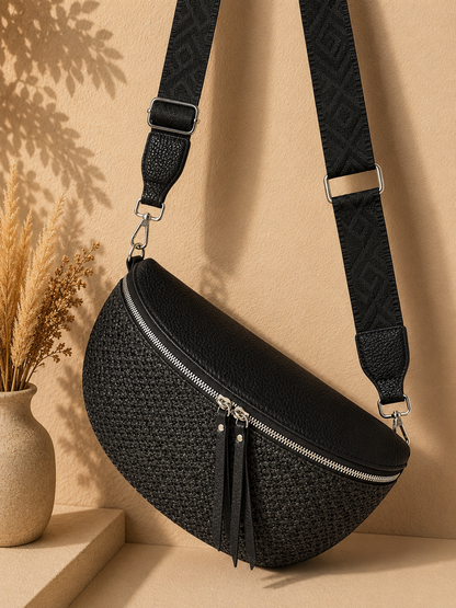 Grand sac banane femme noir effet paille Bandoulière large - Porte-monnaie inclus