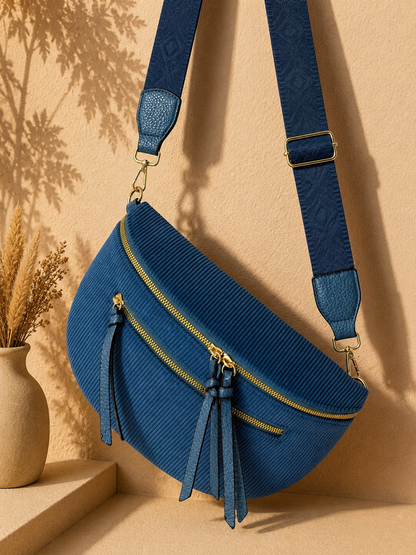 Grand sac banane femme velours côtelé bleu turquoise Bandoulière large - Porte-monnaie inclus