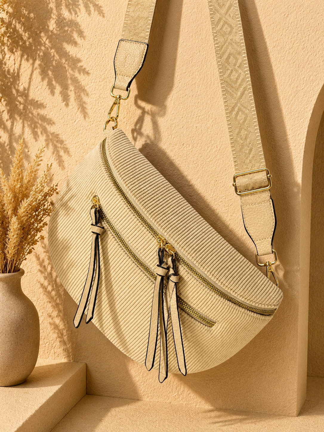Grand sac banane femme Velours côtelé beige sablé Bandoulière large