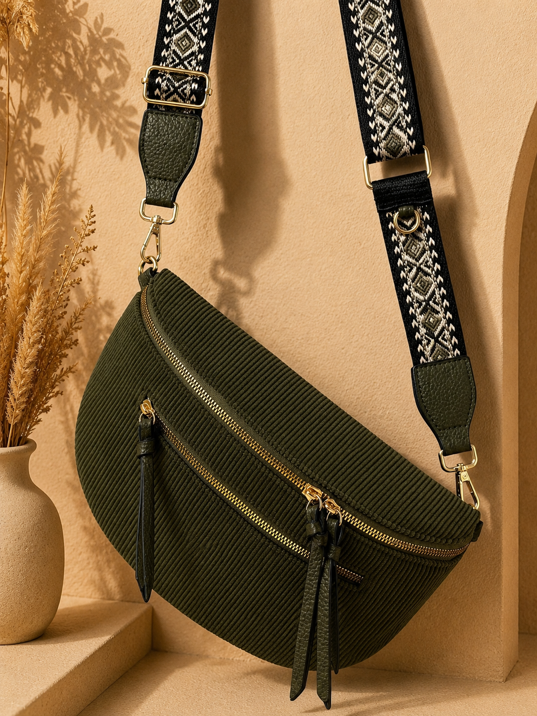 Grand sac banane femme velours côtelé vert kaki Bandoulière large - Porte-monnaie inclus