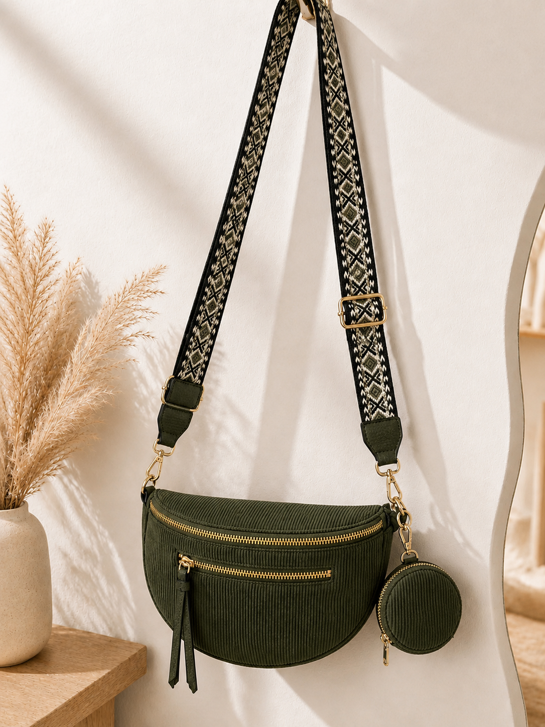 Grand sac banane femme velours côtelé vert kaki Bandoulière large - Porte-monnaie inclus