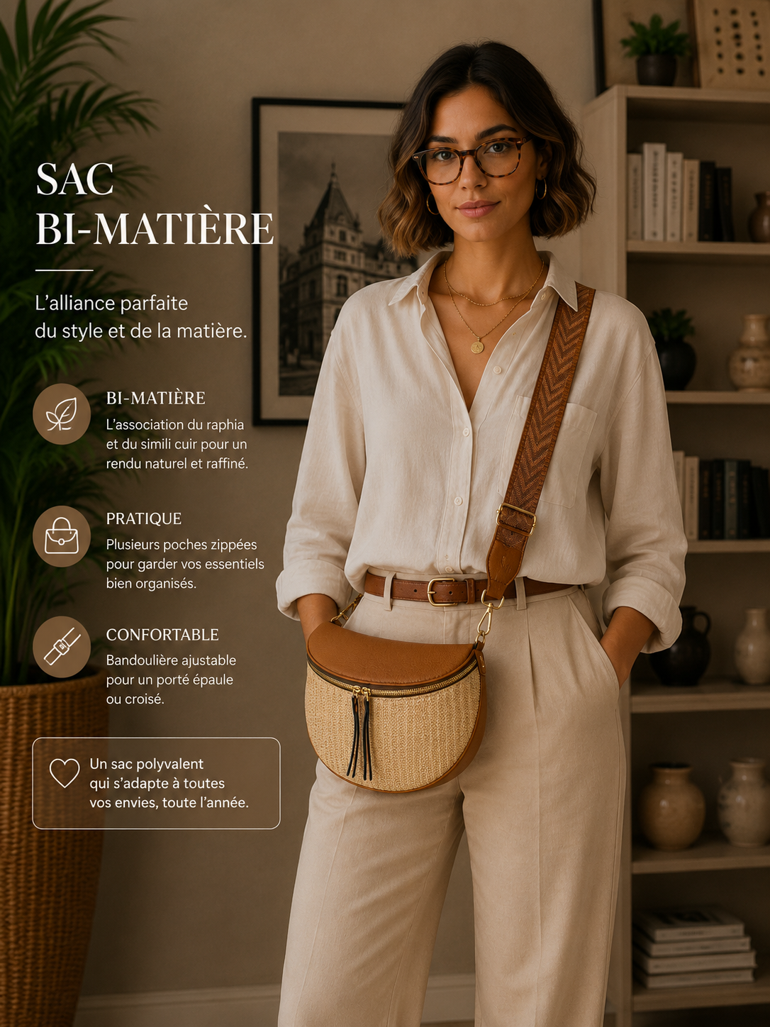 Grand sac banane femme Marron effet paille Bandoulière large