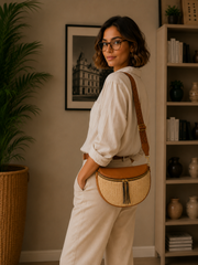 Grand Sac Banane Bi-matière pour Femme -Fermeture au choix doré ou argenté, Bandoulière Ajustable Marron