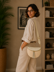 Grand Sac Banane Bi-matière pour Femme -Fermeture au choix doré ou argenté, Bandoulière Ajustable Crème