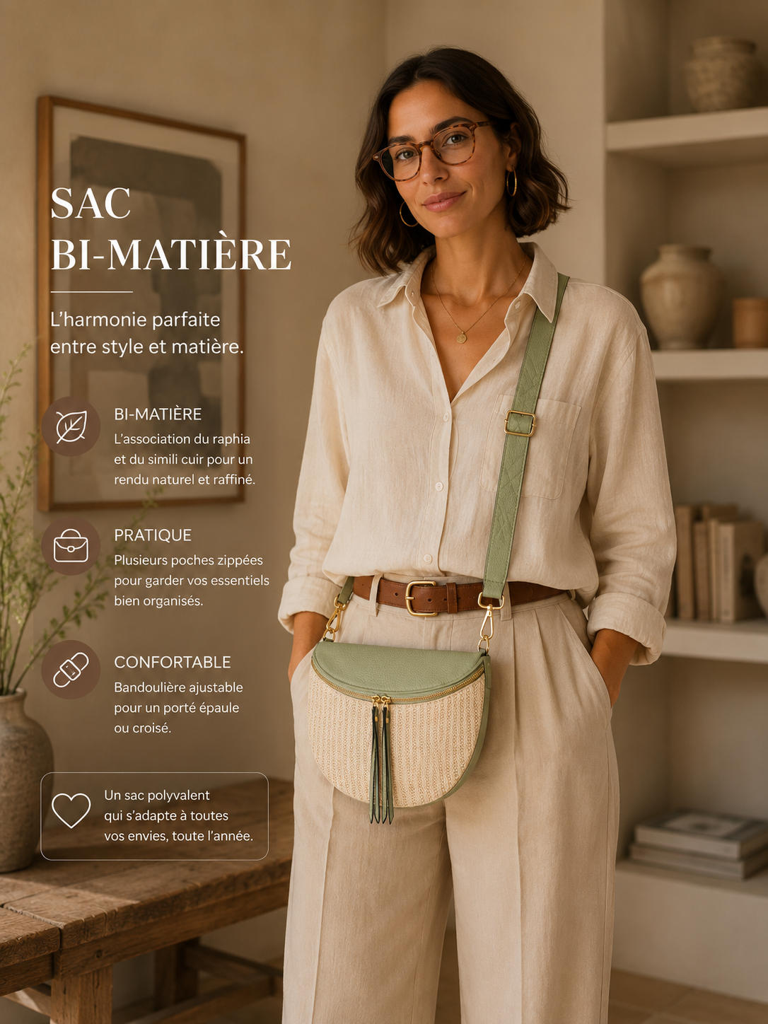 Grand sac banane femme vert effet paille Bandoulière large