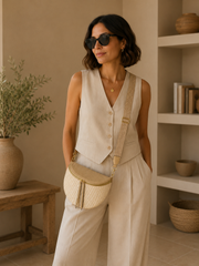 Grand Sac Banane Bi-matière pour Femme -Fermeture au choix doré ou argenté, Bandoulière Ajustable Beige