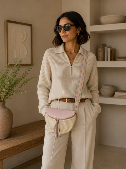 Grand sac banane femme rose effet paille Bandoulière large