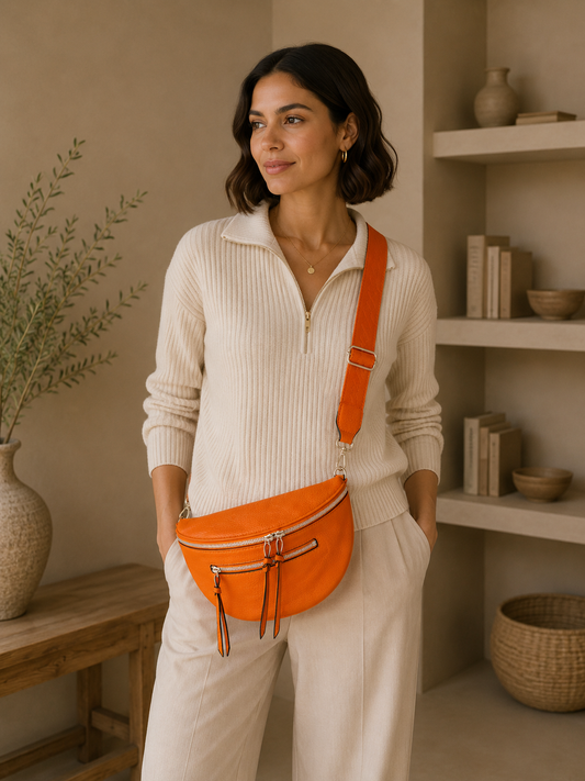Grand Sac Banane Femme en cuir synthétique – Bandoulière Ajustable, Porte-monnaie Inclus Orange
