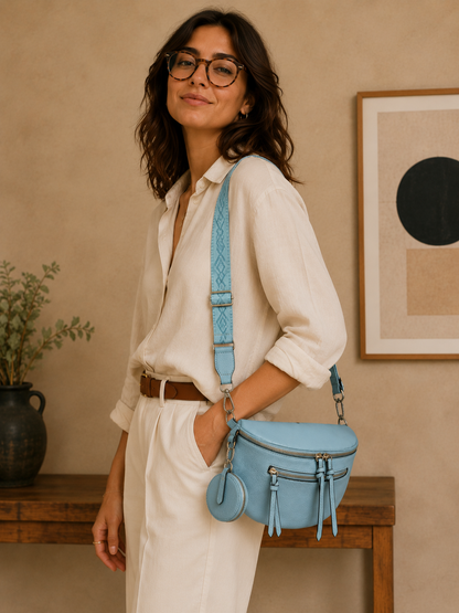 Grand sac banane femme Cuir bleu ciel Bandoulière large - Porte-monnaie inclus