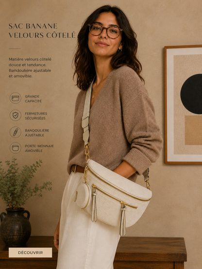 Grand sac banane femme velours côtelé crème Bandoulière large