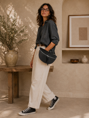 Grand Sac Banane Bi-matière pour Femme -Fermeture au choix doré ou argenté, Bandoulière Ajustable Noir