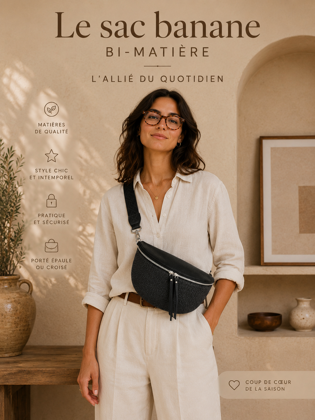 Grand sac banane femme noir effet paille Bandoulière large - Porte-monnaie inclus
