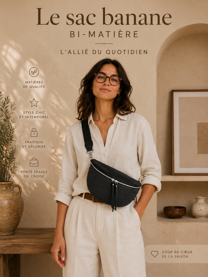 Grand sac banane femme noir effet paille Bandoulière large - Porte-monnaie inclus