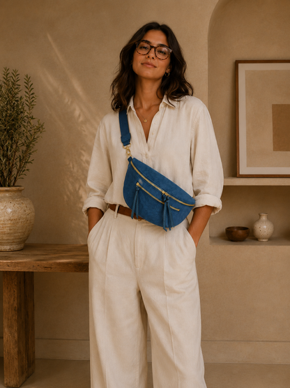 Grand sac banane femme velours côtelé bleu turquoise Bandoulière large - Porte-monnaie inclus