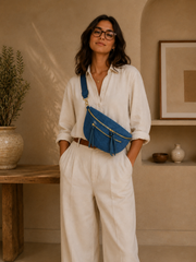 Grand Sac Banane Femme en Velours Côtelé – Bandoulière Ajustable Bleu turquoise