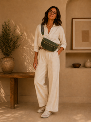 Grand Sac Banane Femme en Velours Côtelé – Bandoulière Ajustable, Porte-monnaie Inclus Vert kaki