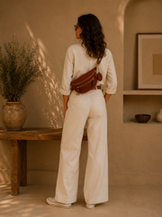 Grand Sac Banane Femme en Velours Côtelé – Bandoulière Ajustable, Porte-monnaie Inclus Marron