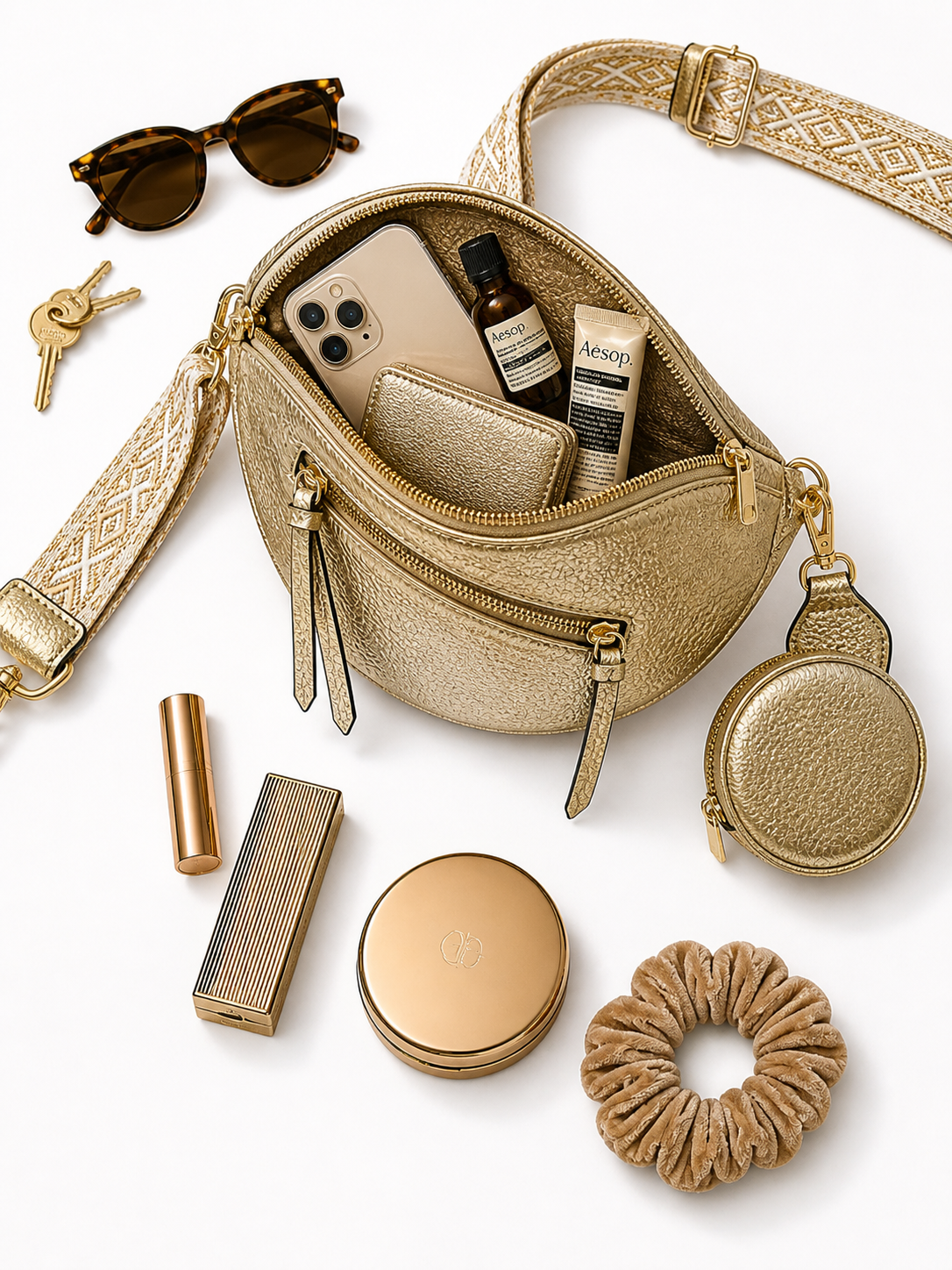 Grand sac banane femme cuir doré avec téléphone maquillage et accessoires