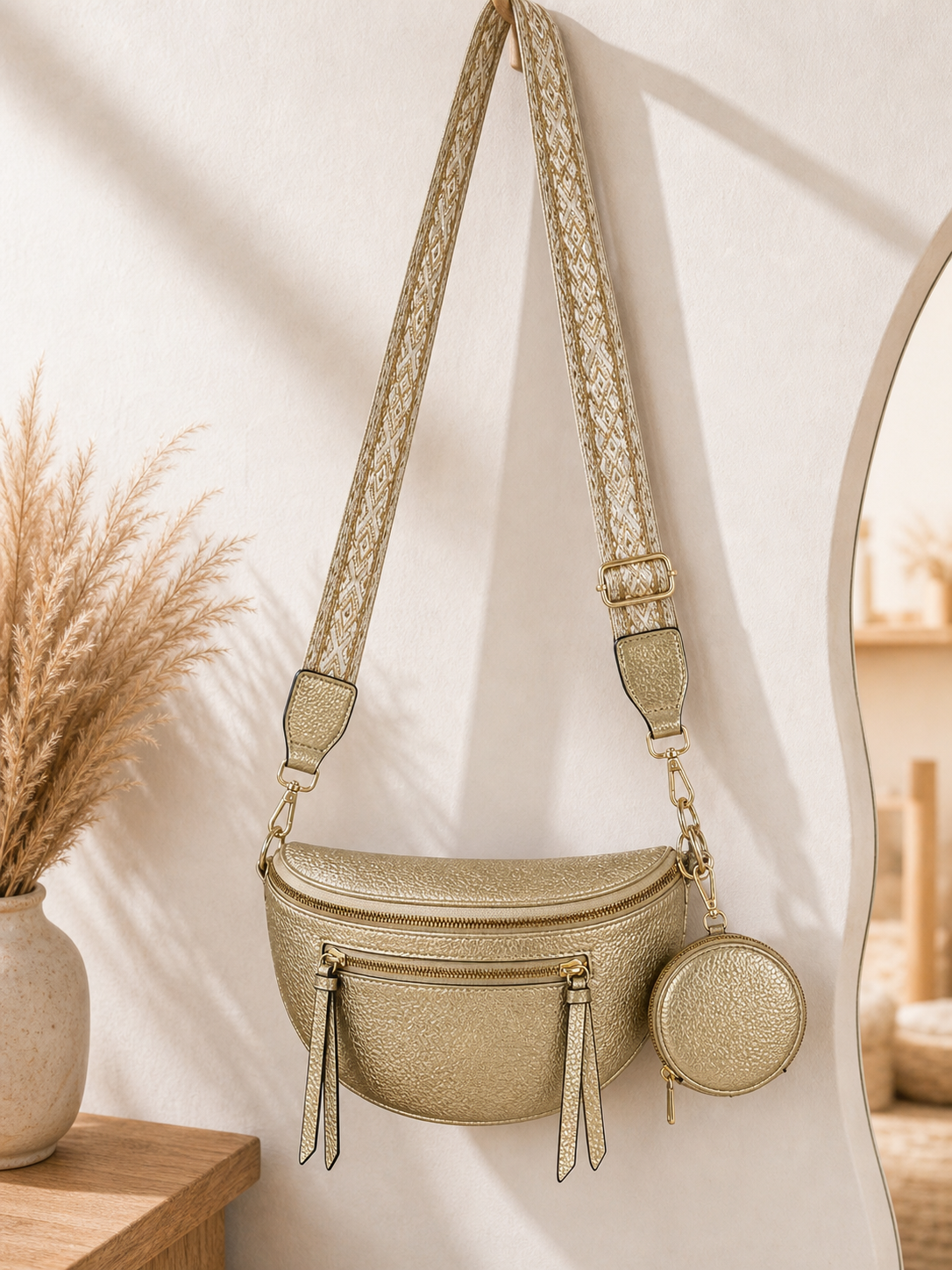 Grand sac banane femme cuir doré avec porte-monnaie assorti inclus