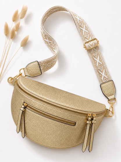 Vue de face du grand sac banane femme cuir doré