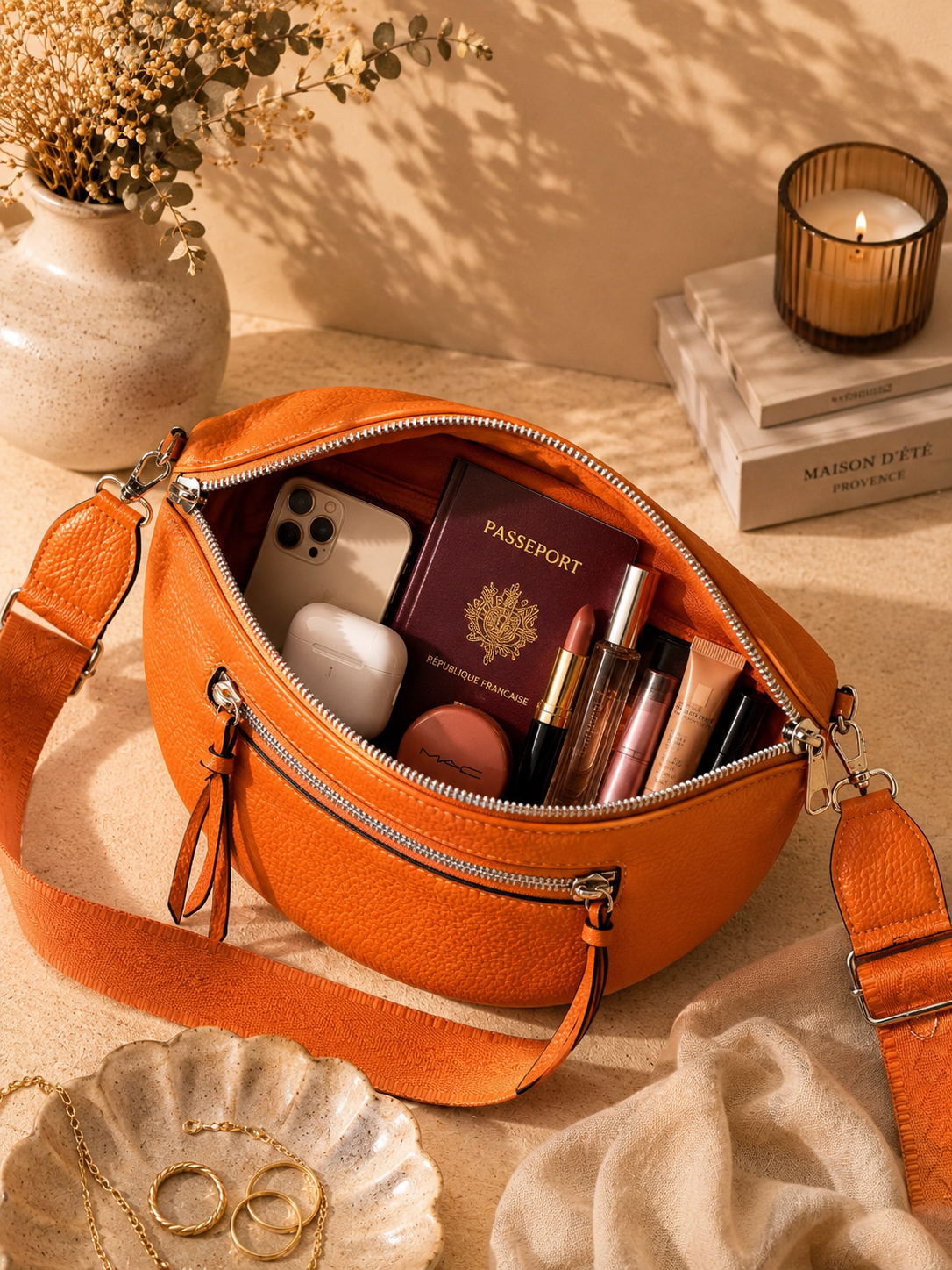 Grand sac banane femme cuir orange avec téléphone portefeuille et accessoires