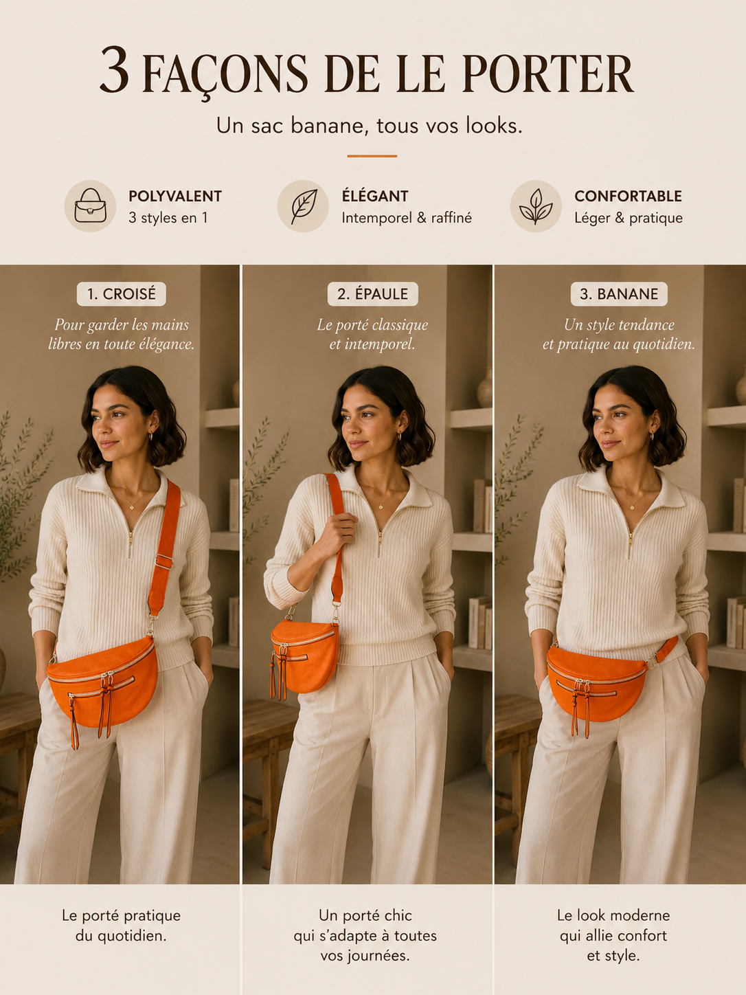Différentes façons de porter le grand sac banane femme cuir orange