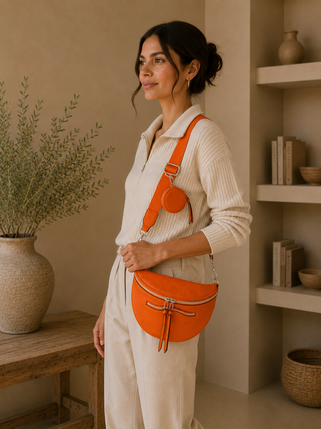 Grand sac banane femme cuir orange porté de dos avec bandoulière large