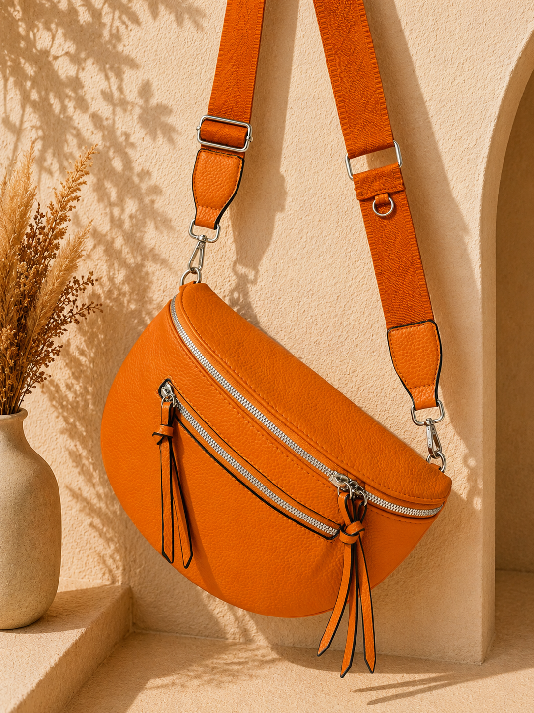 Grand sac banane femme cuir orange