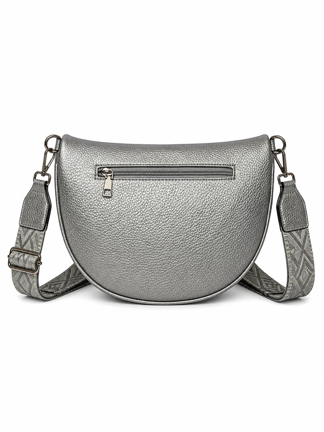 Arrière du grand sac banane femme en raphia argenté avec poche zippée