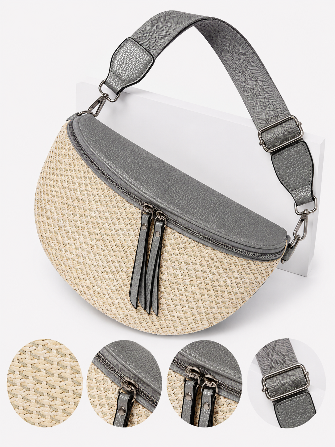 Grand sac banane femme en raphia argenté avec détails de finition