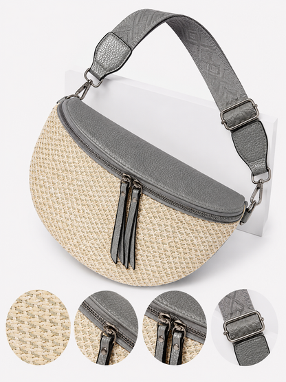 Grand sac banane femme en raphia argenté avec détails de finition