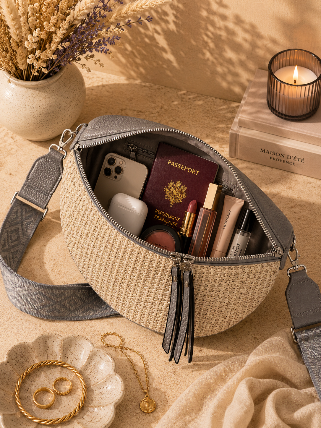 Grand sac banane femme en raphia argenté avec téléphone portefeuille et accessoires