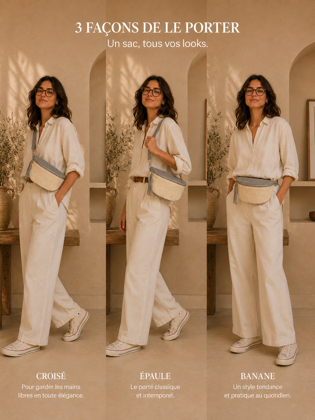 Différentes façons de porter le grand sac banane femme en raphia argenté