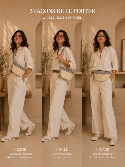 Différentes façons de porter le grand sac banane femme en raphia argenté