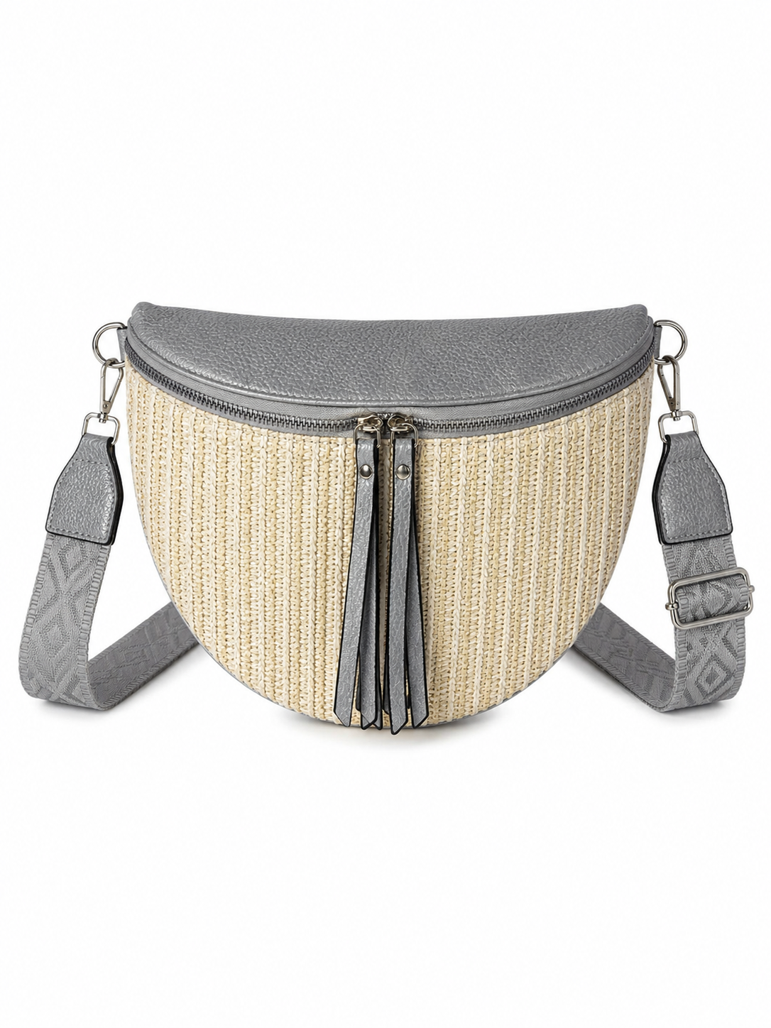 Vue de face du grand sac banane femme en raphia argenté